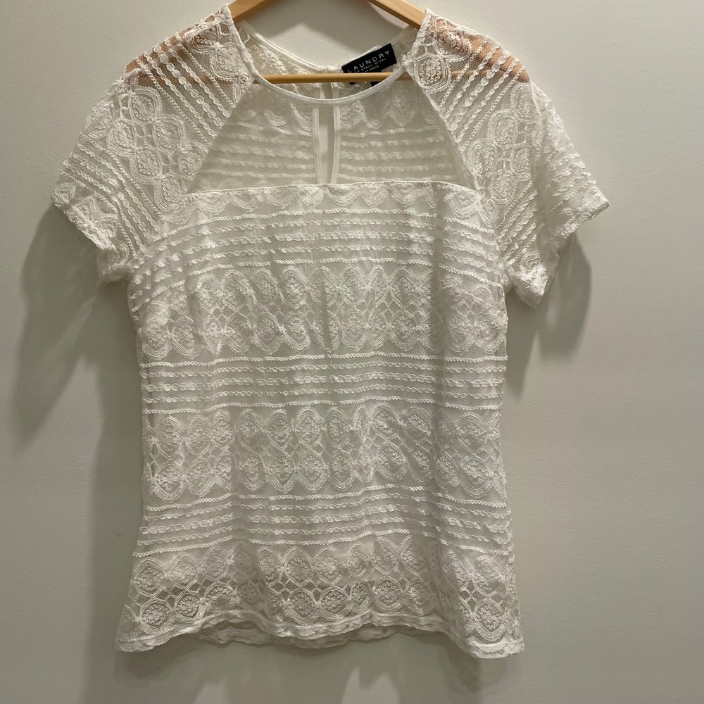 Laundry by Shelli Segal White Floral Lace Short Sleeve Top XL